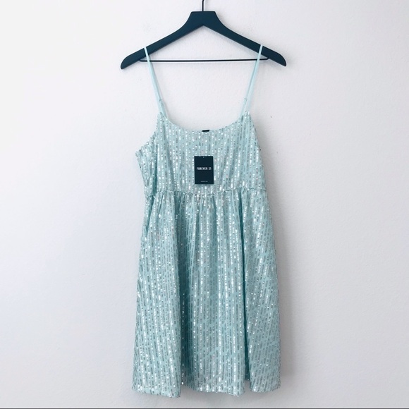 New! Forever 21 Sequins Mint Aqua Spaghetti Strap Formal Cocktail Mini Dress - Picture 2 of 10